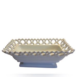 Westmoreland Milk Glass 8” Rectangular Footed Basket Lattice Edge Vintage